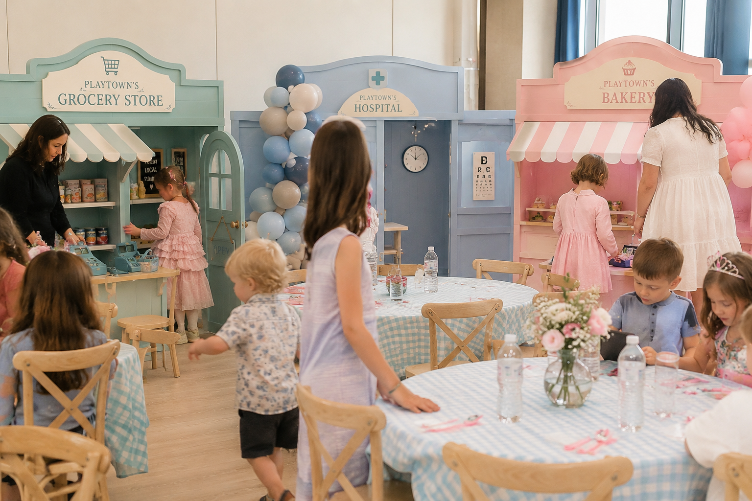 Children enjoying a party with Grocery Store, Hospital, and Bakery playhouses