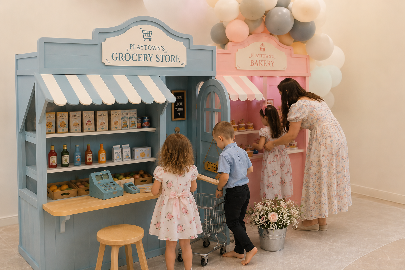 Indoor party with children at Grocery Store and Bakery playhouses with balloon garland