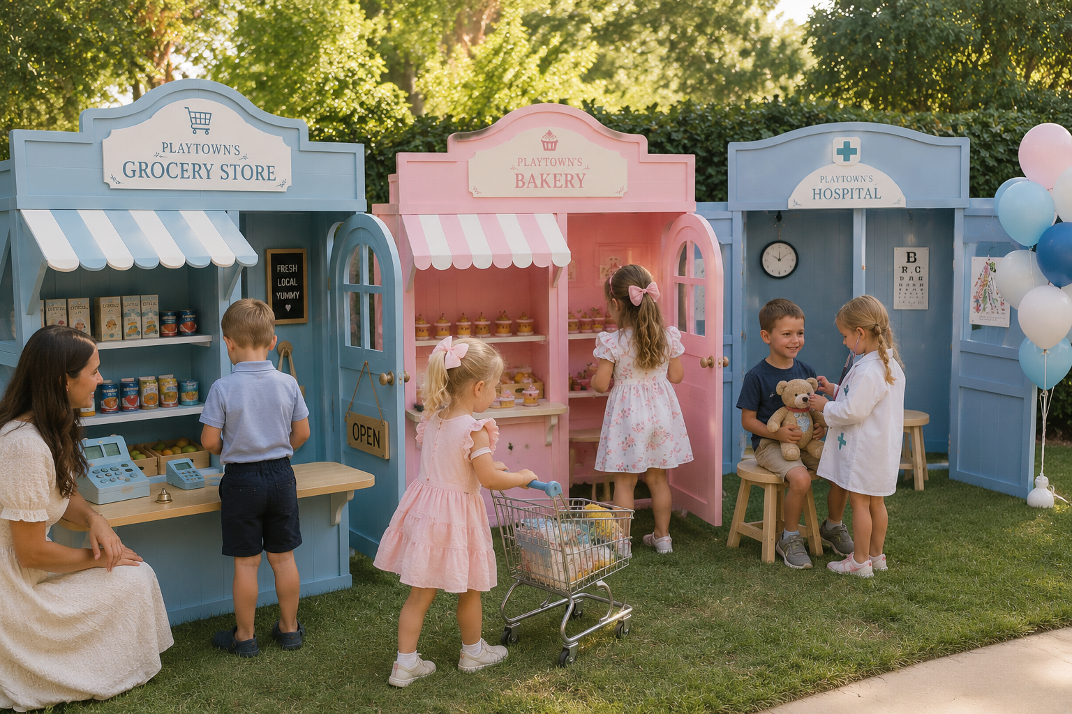 Outdoor backyard party with Grocery Store, Bakery, and Hospital playhouses