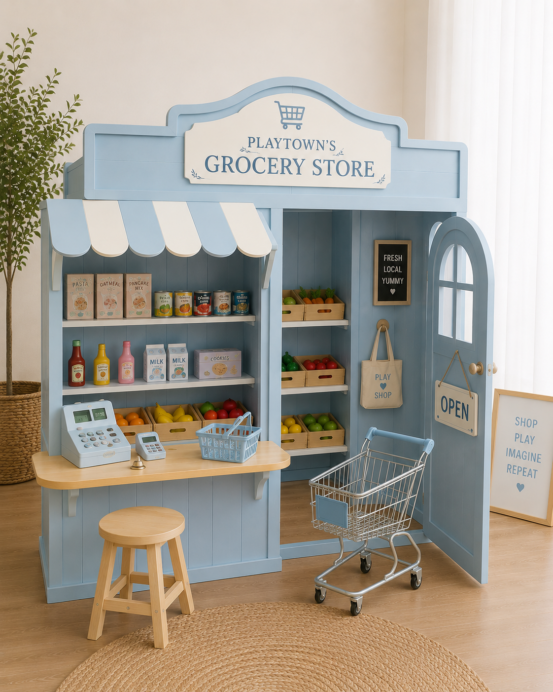 Blue Grocery Store playhouse with striped awning and produce display